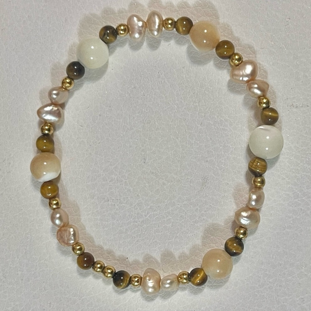 Handmade beaded stretch bracelet  golden-brown pearl tiger's eye agate beads